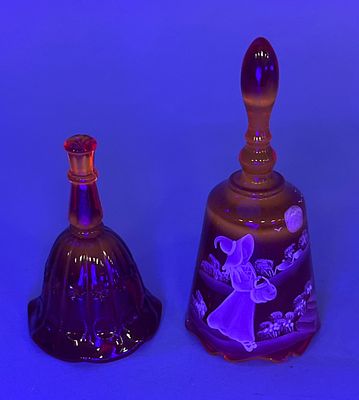 Fenton Red Glass Bells, Hand-Painted Pair with Floral and Scene. Pair of Fenton Cadmium red 