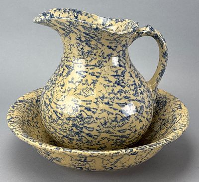 Roseville Ceramic Pitcher and Bowl Set, Marbled Glaze, 11.5 wide. Roseville ceramic pitcher and 