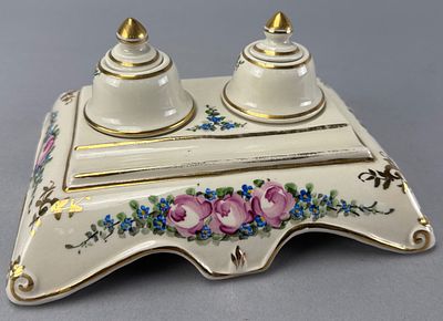Porcelain Inkwell with Pink Roses and Gold Trim, 8 inches long. Rectangular porcelain inkwell 