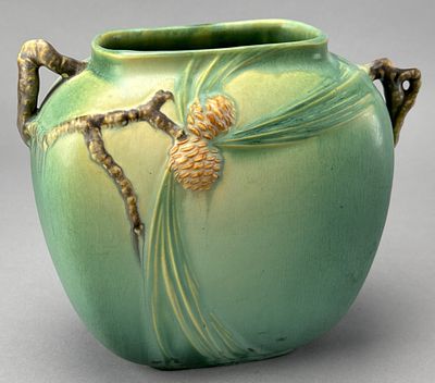 Roseville Pinecone Pattern Vase, Green Ceramic, 8 Inches Tall, 8" tall. Roseville Pinecone 