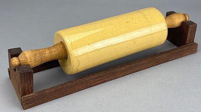 Yellow Ware Rolling Pin with Wooden Handles, 14.5 Inches. Yellow ware rolling pin with wooden 
