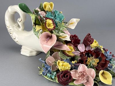 Ceramic Cornucopia Flower Arrangement, 15 Inches Long. Ceramic cornucopia flower arrangement 