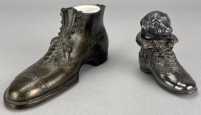 Silver Plated Boot Inkwells, Larger 6.5 Inches Long. Two silver tone inkwells shaped like boots. 