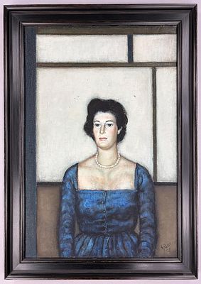 Mario Russo (IT, 1925–2000) 1958 Oil Painting Italian Woman w Pearls. Mario Russo (Italian 