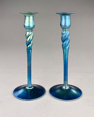 Steuben Blue Aurene #686 Twist Candlesticks, 12-1/4" (H). Steuben Glass (Corning, New York) pair 