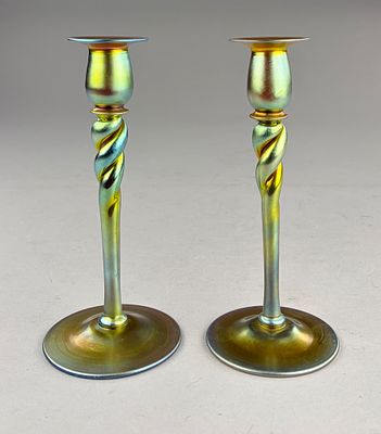 Pair of Steuben Gold Aurene #686 Twist Candlesticks, 10" (H). Steuben Glass (Corning, New York) 