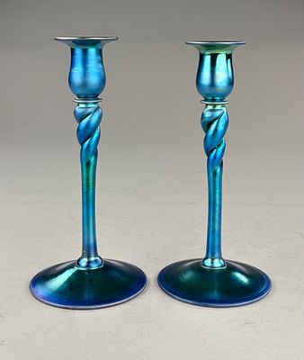 Pair of Steuben Blue Aurene #686 Twist Candlesticks, 10" (H). Steuben Glass (Corning, New York) 