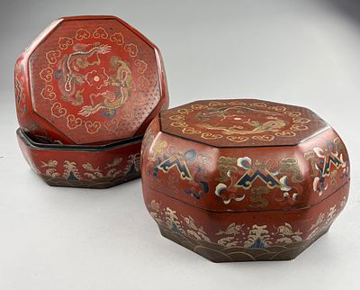 Pair of Large Antique Chinese Octagonal Lacquer Boxes w Dragons. Pair of large antique Chinese 