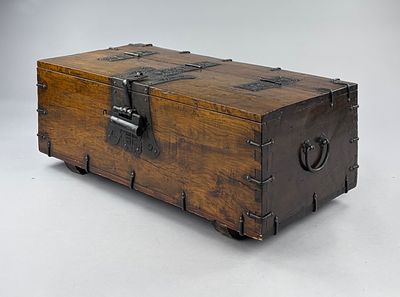 Antique Chinese Late Qing Dynasty Metal Bound Elm Coin Chest. Antique Chinese coin chest, metal 