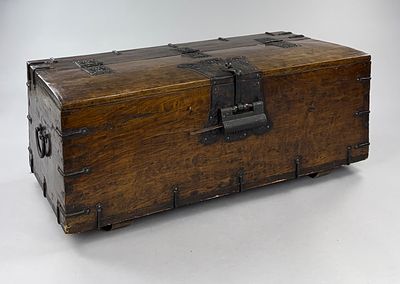 Antique Chinese Late Qing Dynasty Metal Bound Elm Coin Chest. Antique Chinese coin chest, metal 