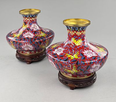 Pair of Chinese Cloisonn&eacute; Vases with Peonies & Butterflies. Pair of Chinese cloisonn&eacute; enamel 