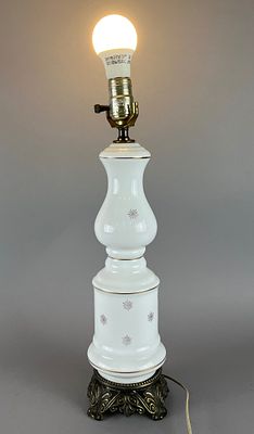 Ornate White Ceramic Table Lamp with Snowflake Design and Metal Base. White ceramic table lamp 