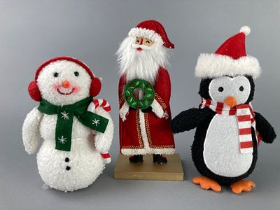Set of Three Holiday Fabric Figures: Snowman, Santa, Penguin. Set of three holiday-themed fabric 