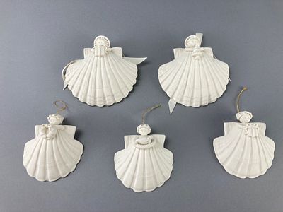 Set of 5 White Ceramic Angel Ornaments with Hanging Ribbons. Set of five white ceramic ornaments 