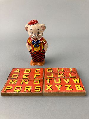 J. Chein & Co. Tin Wind-Up Pig Toy with Blocks. J. Chein &amp; Co. tin wind-up pig toy featuring 