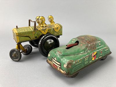 Tin Litho Toy Vehicles: "Jumpin Jeep" & "FBI Riot Squad". Two tin lithographed toy vehicles 