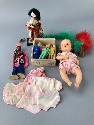 Assortment of Dolls and Clothing, Various Styles. Assortment of collectible dolls and doll 