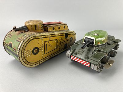 Louis Marx & Co. Tin Toy Tanks, U.S. Tank Division. Two tin toy tanks by Louis Marx & Co. The 