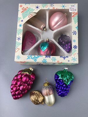 St. Petersburg Glass Fruit Ornaments. Set of St. Petersburg glass fruit ornaments, featuring 