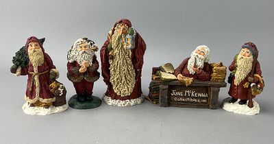 June McKenna Collectibles Santa Figurines, Painted Resin. Set of painted resin Santa Claus 