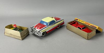 Group of Three Tin Toy Cars with Remote-Control Sedan. Group of three tin toy cars, including a 
