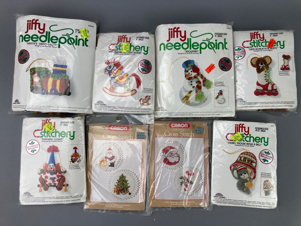 Christmas Needlepoint & Cross-Stitch Kits, Sealed. Assortment of Christmas-themed needlepoint 