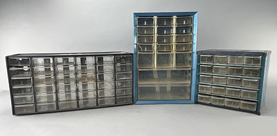 Set of 3 Metal Storage Cabinets with Drawers. Three metal storage cabinets with multiple small 