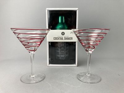 Glass Martini Glasses Set with Red Spiral Design. Set of two clear martini glasses featuring a 