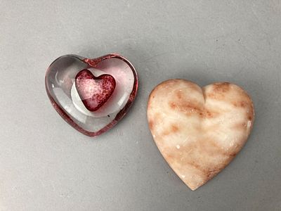 Glass and Stone Heart-Shaped Paperweights Group. Grouping of two heart-shaped paperweights, one 