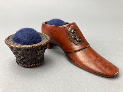 Wooden Shoe & Basket Pin Cushions with Fabric Tops. Shoe and basket-shaped pin cushions made of 