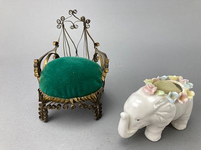Metal Chair with Velvet and Ceramic Elephant Pin Cushions. Collectible metal chair with a green 