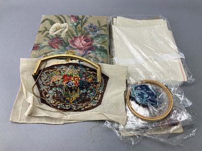 Textile Collection with Metal Purse Frame. Collection of textile items featuring embroidered 