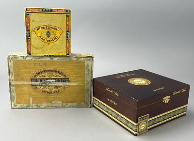 Collectible Cigar Boxes with Printed Graphics. Grouping of collectible cigar boxes featuring 