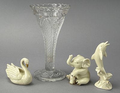 Lenox Porcelain Figurines & Pressed Glass Vase. Lenox porcelain figurines with gold accents 