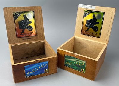 Drew Estate Wooden Cigar Boxes with ACID Branding. Drew Estate wooden cigar boxes featuring ACID 