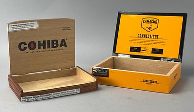 Wooden Cigar Boxes, Cohiba & Camacho, Hinged Lids. Two rectangular wooden cigar boxes with 