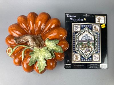 Ceramic Pumpkin Container with Lid, Cross Stitch Kit. Orange ceramic pumpkin-shaped container 
