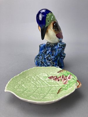Carlton Ware Leaf Dish & Bird Figurine. Carlton Ware ceramic leaf-shaped dish with floral 