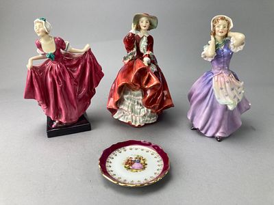 Royal Doulton Figurines & Limoges Plate. A collection of Royal Doulton porcelain figurines 