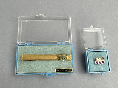 14K Gold Martin Marietta Emblem Tie Clip and Pin. 14K white and yellow gold, created ruby 