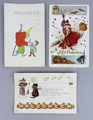 3 Antique Halloween Postcards Witches, Black Cats, Jack-O-Lanterns +. Group of three antique 