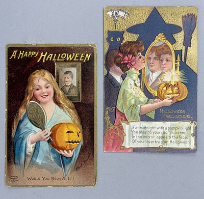 2 Antique Halloween Postcards 1 Ellen Clapsaddle w Lite Jack-O-Lantern. Two antique Halloween 