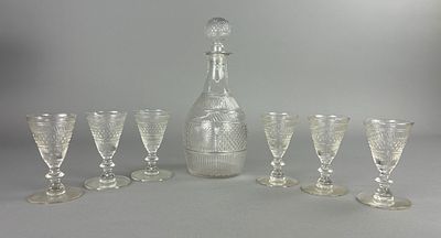 MMA 7-Piece Pressed Glass Beverage Set, 1970s Collaboration, 4". 7-piece vintage Metropolitan 