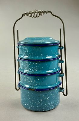 Blue Graniteware Stacking Miner's Lunch Pail with Coil Handle. Enameled graniteware miner's 