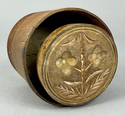 Antique Wood Butter Mold with Stylized Floral & Leaf Design. Antique treenware plunger-style 
