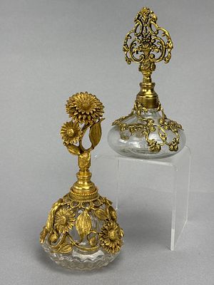 Pair Ormolu Overlay Perfume Bottles Floral Filigree Glass. 5 1/2 inch Matson ormolu bottle with 