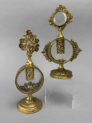 Pair Antique Ormolu & Glass Globe Perfume Bottles w/ Figural Tops. Elegant pair of vintage 