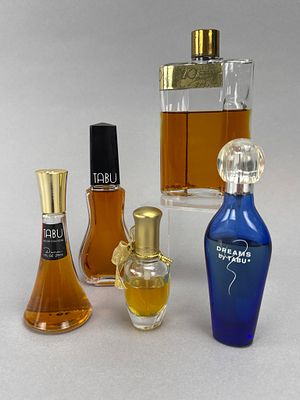 Dana Perfume Bottle Collection, incl. TABU & 20 Carats. Collection of five vintage glass perfume 