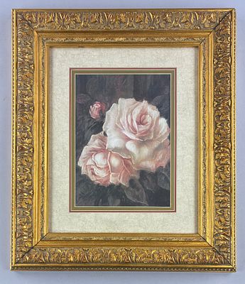 Framed Print of Pink Roses in Gilt Gesso Frame. Framed print depicting a grouping of pink roses 