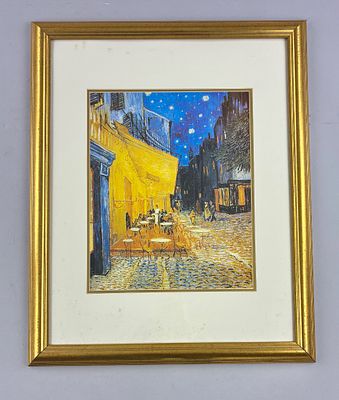 Framed Print Copy of Van Gogh's “Caf&eacute; Terrace at Night”. Framed late 20th Century print copy of 